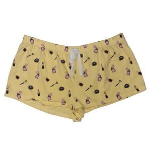 Love Peace and Lazy Days Pajama Shorts Size L Drawstring Yellow with Lipstick
